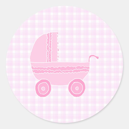 Baby Stroller. Licht roze op Roze Gingham. Ronde Sticker (Voorkant)
