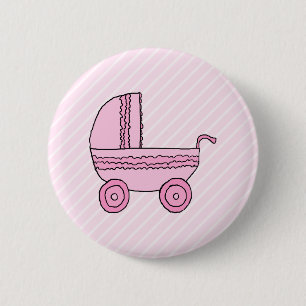 Baby Stroller. Roze op lichtroze strepen. Ronde Button 5,7 Cm