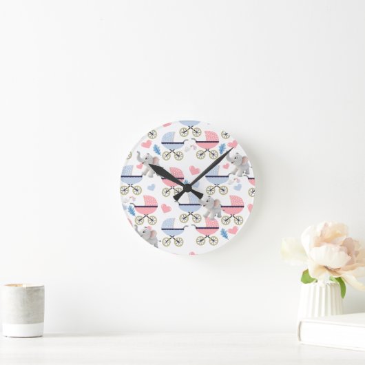 Baby Stroller Stork Elephant Blue & Pink Clock Ronde Klok (Huis)