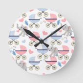Baby Stroller Stork Elephant Blue & Pink Clock Ronde Klok (Voorkant)