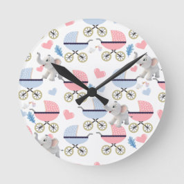 Baby Stroller Stork Elephant Blue & Pink Clock Ronde Klok