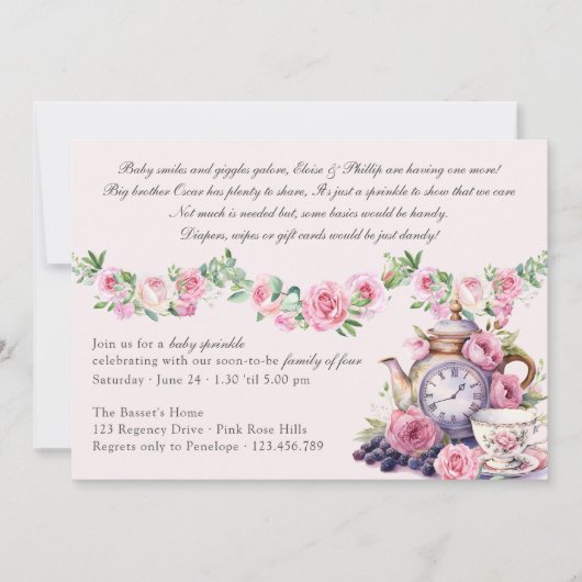 Baby Strooi  Tea Party Roze Rozen Douche Kaart (Voorkant)