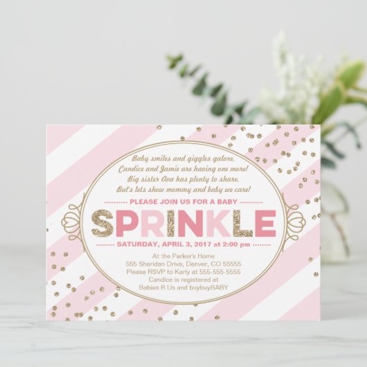 baby Strooi Uitnodiging Meisje Goud Roze Strepen (Staand voorkant)