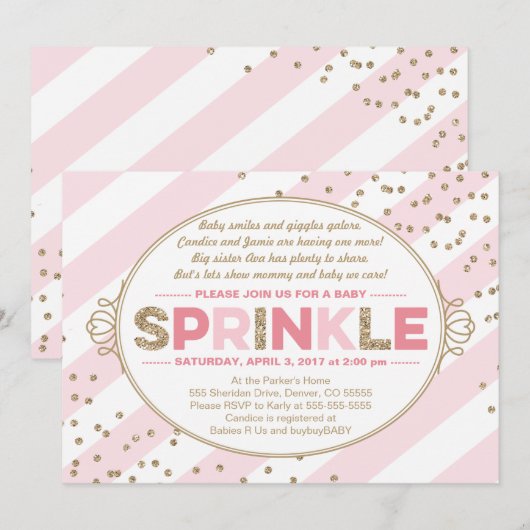 baby Strooi Uitnodiging Meisje Goud Roze Strepen (Voorkant / Achterkant)