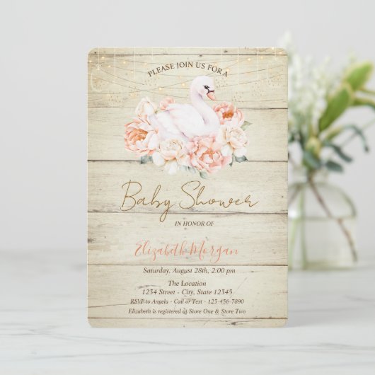 Baby Swan Flowers Wood Texture Baby shower Kaart (Staand voorkant)