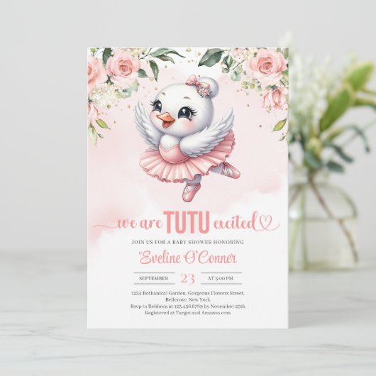 Baby swan met roze tutu jurk blush en goud kaart (Staand voorkant)