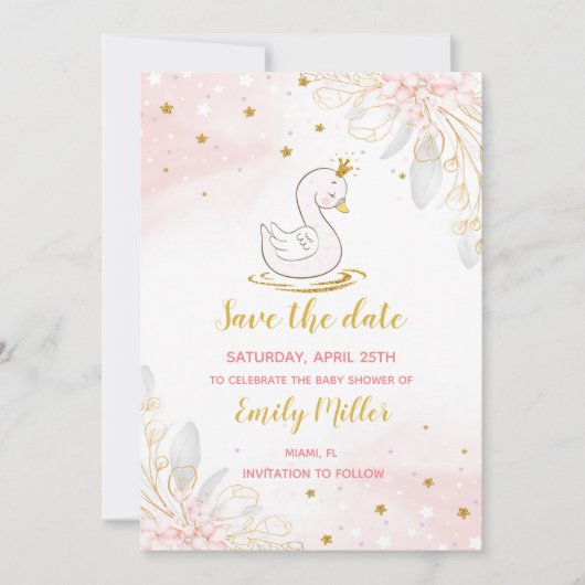 Baby swan prinses meisjesdouche Bewaar de datum Save The Date (Voorkant)