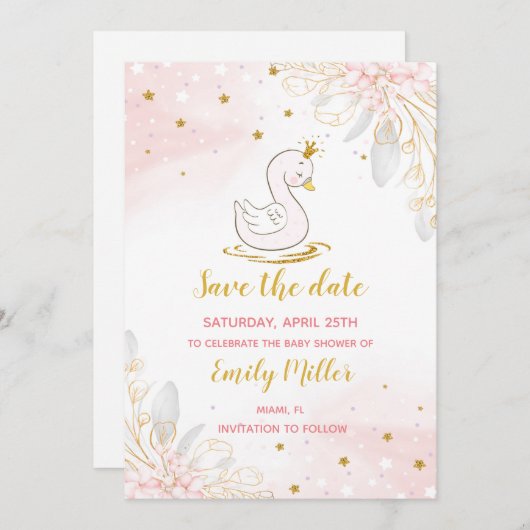 Baby swan prinses meisjesdouche Bewaar de datum Save The Date (Voorkant / Achterkant)