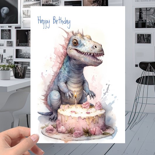 Baby T-Rex Dinosaur met Cake - Kinderen van Birthd Kaart