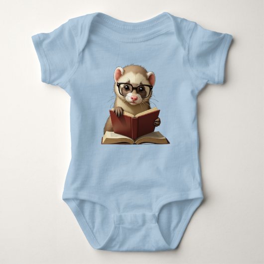 Baby T-shirt with baby ferret reading a book. (Voorkant)