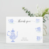 Baby Tea Party Blauw China Wit Kant Jongensdouche Bedankkaart (Staand voorkant)