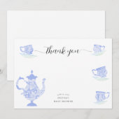 Baby Tea Party Blauw China Wit Kant Jongensdouche Bedankkaart (Voorkant / Achterkant)