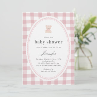 Baby Teddy bear Baby shower Pink Gingham Kaart