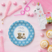 Baby & Teddy Bear Blue Footprints Baby shower Papieren Bordje (Feest)