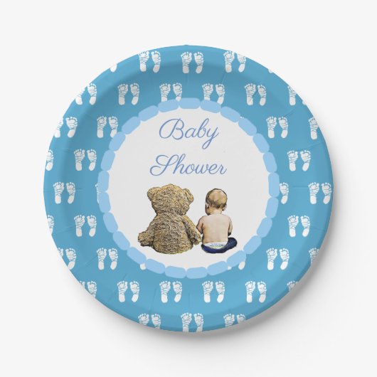 Baby & Teddy Bear Blue Footprints Baby shower Papieren Bordje (Voorkant)
