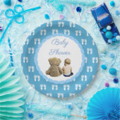 Baby & Teddy Bear Blue Footprints Baby shower Papieren Bordje (Feest)