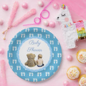 Baby & Teddy Bear Blue Footprints Baby shower Papieren Bordje (Feest)