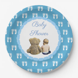 Baby & Teddy Bear Blue Footprints Baby shower Papieren Bordje