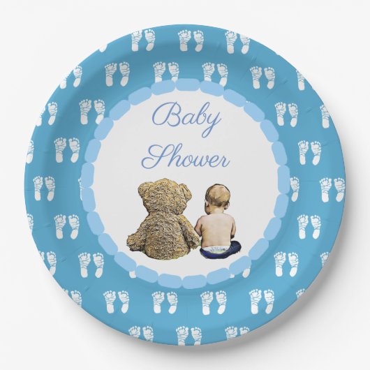 Baby & Teddy Bear Blue Footprints Baby shower Papieren Bordje (Voorkant)