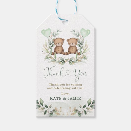 Baby Teddy Bear Twins Greenery Gold Eucalyptus Cadeaulabel (Voorkant)