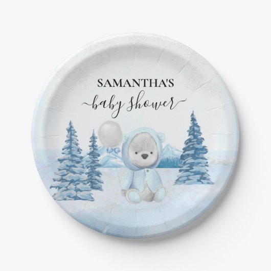 Baby Teddy Bear Winter Blue Papieren Bordje (Voorkant)