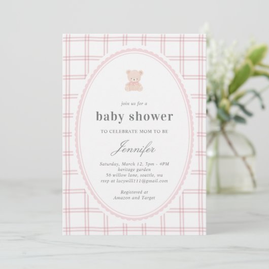 Baby teddybeer babyshower roze kaart (Staand voorkant)