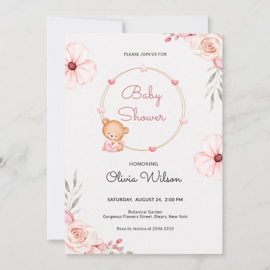 Baby Teddybeer Babyshower Uitnodiging (Voorkant)