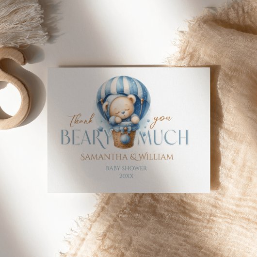 Baby teddybeer blauwe heteluchtballon bedankkaart