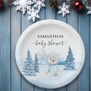 Baby Teddybeer Kerstmis Winter Blauw Papieren Bordje