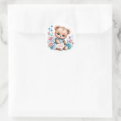 Baby Teddybeer met waterverf bloemen Ronde Sticker (Tas)