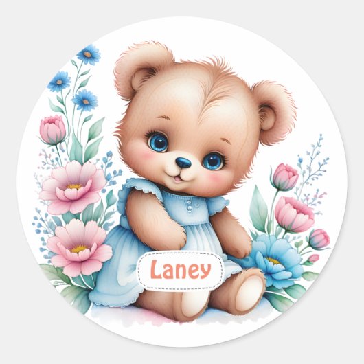 Baby Teddybeer met waterverf bloemen Ronde Sticker (Voorkant)
