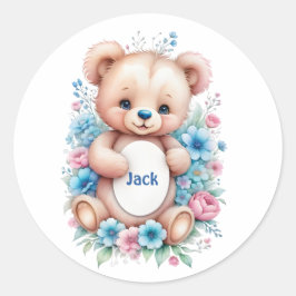 Baby Teddybeer met waterverf bloemen Ronde Sticker