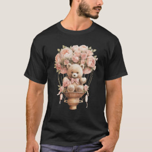 Baby teddybeer roze pioenbloem hete luchtballon t-shirt