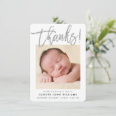 BABY THANKS modern minimal script babyfoto Bedankkaart (Staand voorkant)