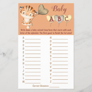 Baby Tiger   ABC Baby shower Game Kaart