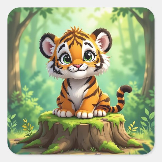 Baby Tiger | Cute Cartoon Kid's Nursery Art Vierkante Sticker (Voorkant)