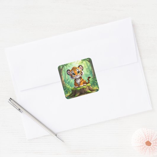 Baby Tiger | Cute Cartoon Kid's Nursery Art Vierkante Sticker (Envelop)