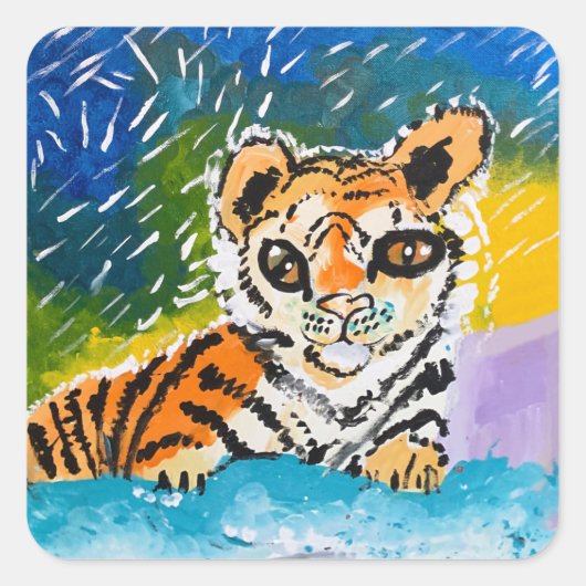 Baby Tiger: "Kunst van kinderen" Vierkante Sticker (Voorkant)