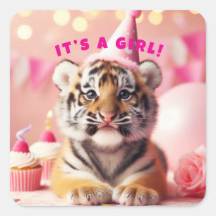 Baby Tiger Schattige Baby Reveal Girl Pink Vierkante Sticker