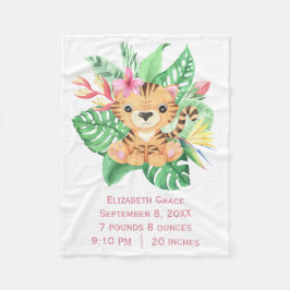 Baby Tiger Tropical Flowers Birth Stats Fleece Deken