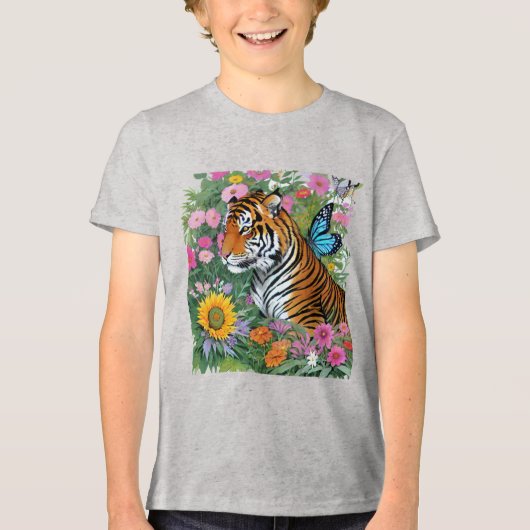 Baby Tiger With Blue Butterfly And Flowers Tri-Blend Shirt (Voorkant)