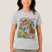 Baby Tiger With Blue Butterfly And Flowers Tri-Blend Shirt (Voorkant)
