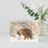 Baby tijger en tijgermoeder in een besneeuwd bos feestdagenkaart (Staand voorkant)