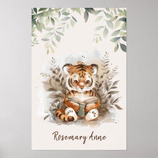 Baby Tijger Leest Boeken Nursery Jungle Dier Poster (Voorkant)
