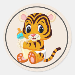 Baby tijger met flesje en luier met Lijst Ronde Sticker