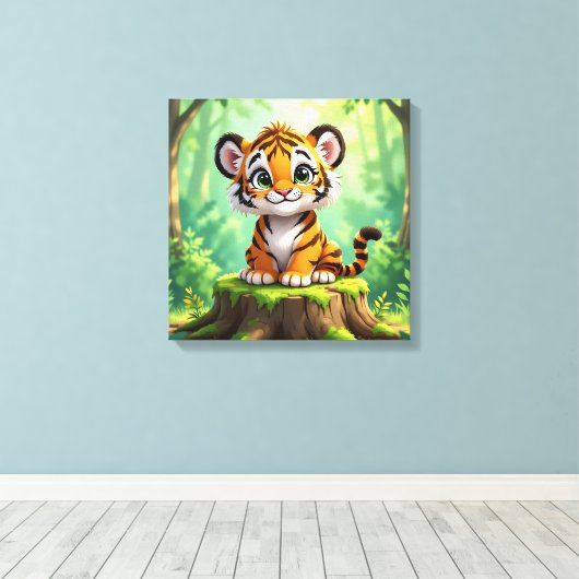 Baby Tijger | Mooie Cartoon Kinderkamer Kunst Canvas Afdruk (Insitu (Houten vloer))