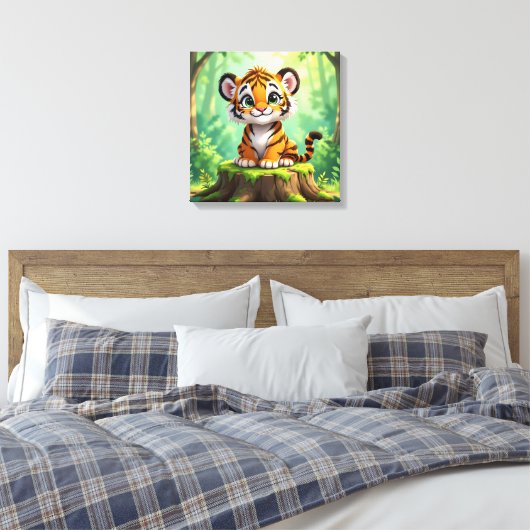 Baby Tijger | Mooie Cartoon Kinderkamer Kunst Canvas Afdruk (Insitu (Slaapkamer))