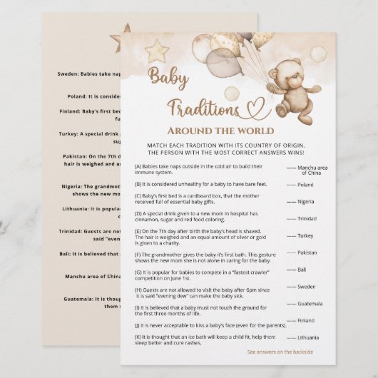 Baby Tradities Baby Beer Baby shower spel (Voorkant / Achterkant)