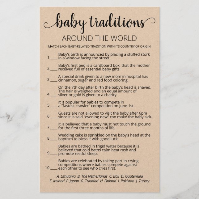 Baby Traditions Baby shower game met Answers (Voorkant)