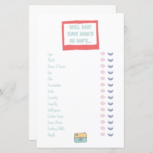 Baby Traits Adventure Baby shower Game (Voorkant / Achterkant)